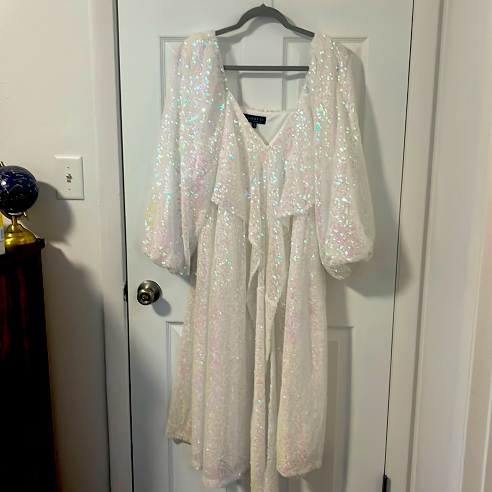 Eloquii White Iridescent Sequin Faux Wrap Dress